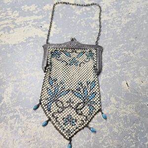 Antique Mandalian Mfg Co. Art Deco Metal Mesh Bag Enamel Frame Purse Blue